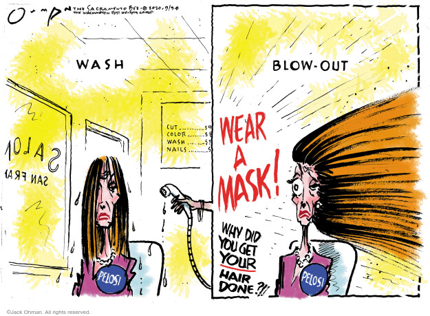 Wash. Salon. Cut. Color. Wash. Nails. Blow-out. Wear a mask! Why did you get your hair done?!! Pelosi.
