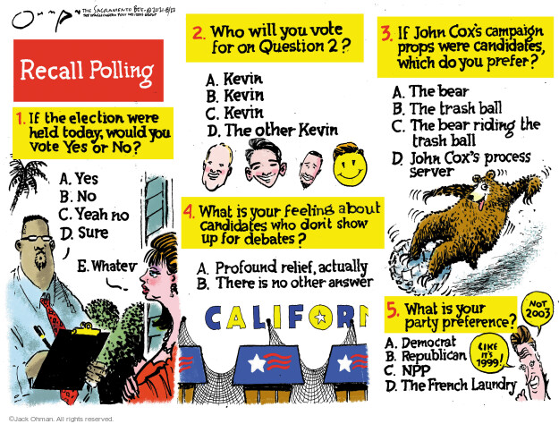Recall Polling. 1. If the election were held today, would you vote yes or no? A. Yes B. No C. Yeah no D. Sure E. Whatev. 2. Who will you vote for on Question 2? A. Kevin B. Kevin C. Kevin D. The other Kevin. 3. If John Coxs campaign props were candidates, which do you prefer? A. The bear B. The trash ball C. The bear riding the trash ball D. John Coxs process server. 4. What is your feeling about candidates who dont show up for debates? A. Profound relief, actually. B. There is no other answer. Californ … 5. What is your party preference? A. Democrat B. Reublican C. NPP D. The French Laundry. Like its 1999! Not 2003.
