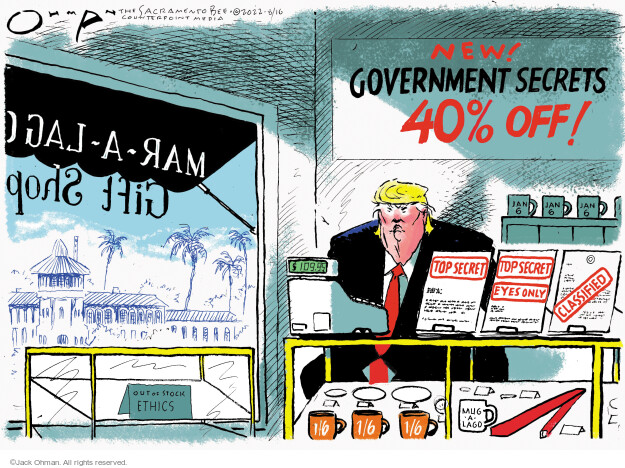 Mar-a-Lago Gift Shop. New! Government secrets. 40% off. Top secret. Classified. Mug-a-Lago. Out of stock. Ethics. 1/6.
