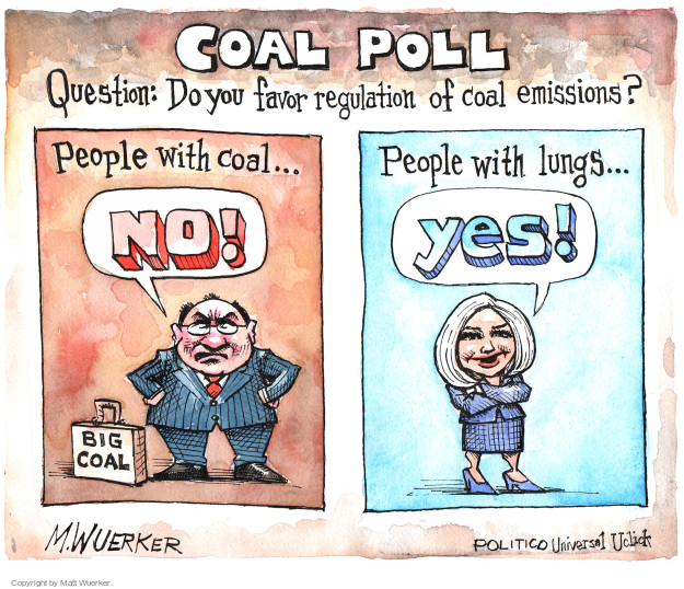 Coal Poll. Question: Do you favor regulation of coal emissions? People with coal ... No! Big Coal. People with lungs ... Yes!