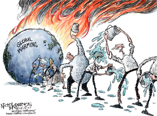 No caption.  (While the globe burns with "Global Warming," a bucket brigade pours water on itself, not the globe.)