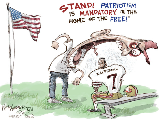 Stand! Patriotism is mandatory in "the home of the free!" Kaepernick. SF.
