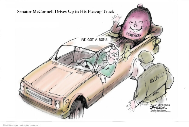 Senator McConnell Drives Up in His Pick-up Truck. Ive got a bomb. Filibuster. US Capitol.
