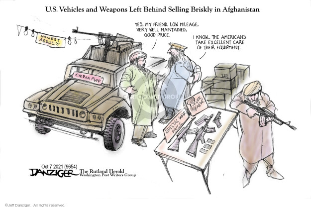 U.S. Vehicles and Weapons Left Behind Selling Briskly in Afghanistan. Honest Abduls. Yes, my friend, low mileage, very well maintained, good price. I know … the Americans take excellent care of their equipment. Special war price. Like new!

