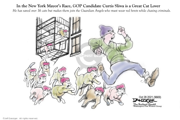 In New York Mayors Race, GOP Candidate Curtis Sliwa is a Great Cat Lover. He has saved over 16 cats but makes them join the Guardian Angels who must wear red berets while chasing criminals.
