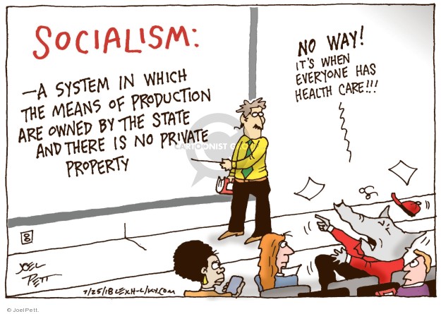 Socialism: A system in which the means of production are owned by the state and there is no private property. No way! Its when everyone has health care!!!
