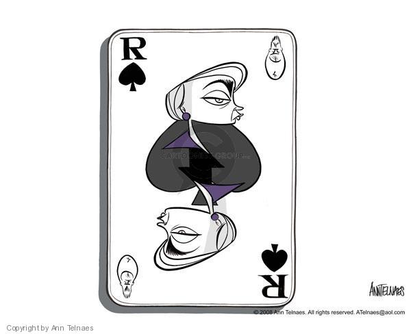 No caption.  (Playing card with Hillary Clinton in center.  Bill Clinton is on two opposite corners and letter "R" is in two other opposite corners.)