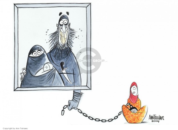 No caption.  (A family portrait is shown with the mother holding a baby and wearing a burka.  The father has a knife in his shirt and is holding a chain that is attached to a woman outside the portrait).