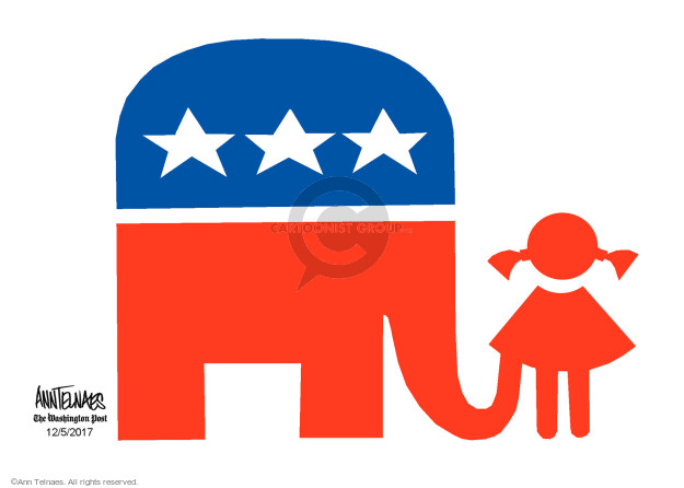 No caption (A Republican elephant has its trunk up a young girls dress).
