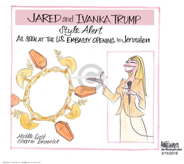 Jared and Ivanka Trump. Style Alert. As seen at the U.S. embassy opening in Jerusalem. Middle East charm bracelet.
