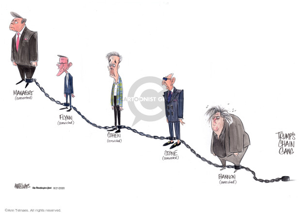 Manafort (convicted). Flynn (convicted). Cohen (convicted). Stone (convicted). Bannon (arrested). Trumps Chain Gang.

