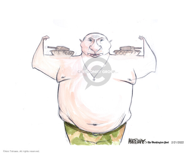 No caption (Vladimir Putin is shown flexing his muscles. His biceps are shaped like military tanks).
